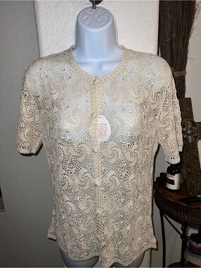 Quality Light Cream Hand Crochet Short-Sleeve Button Cardigan - Women